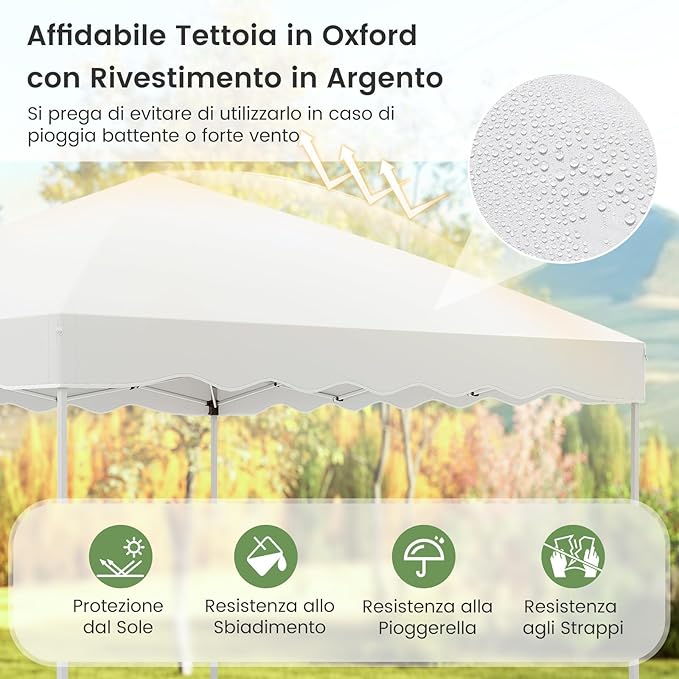 Gazebo Pop-up da Esterno 3 x 3 m, Gazebo Pieghevole con Borsa con Ruote, 8 Picchetti, 4 Ancore, 4 Corde Antivento, 4 Sacchi di Sabbia, Tendone Impermeabile per Eventi Commerciali (Bianco)