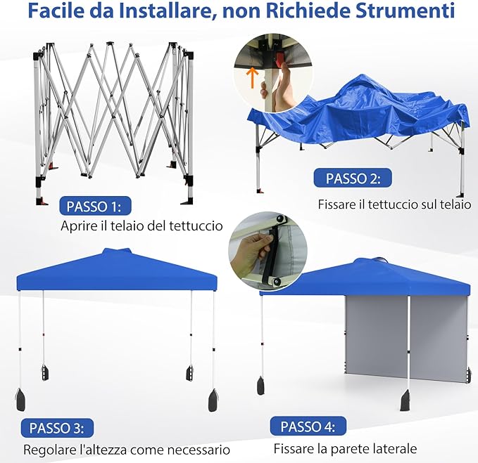 Gazebo Pieghevole 3 x 3 m, Gazebo da Esterno con Borsa con Ruote, Picchetti, Ancoraggi, Corde del Vento, Sacchi di Sabbia e Copertura Ventilata, Tendone Impermeabile per Feste (Blu)
