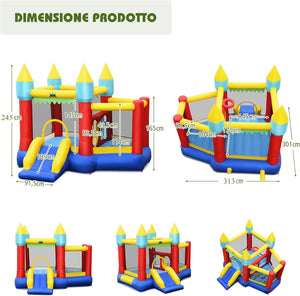 Castello Gonfiabile Per Bambini, con Scivolo, 100 Palline, Borsa di Trasporto e Kit di Riparazione, per 3 Bambini 3-10 anni, Regalo Perfetto per Bambini (con Soffiatore 450W)