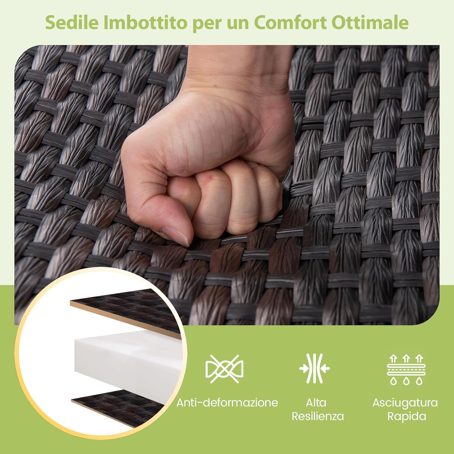 Panchina a Dondolo da Giardino in Rattan, Panca Dondolo Intrecciata per 2 Persone, con Seduta in Schiuma e Braccioli, Poltrona a Dondolo per Giardino, Cortile, Portata 360 kg