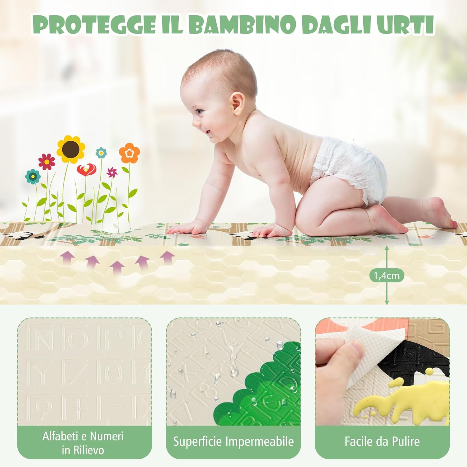 Tappeto Gioco per Bambini Pieghevole, Tappeto per Pavimento Grande da 200 x 180 cm con Borsa da Trasporto per Interni ed Esterni, Tappeto Impermeabile e Reversibile per Bambini, Neonati