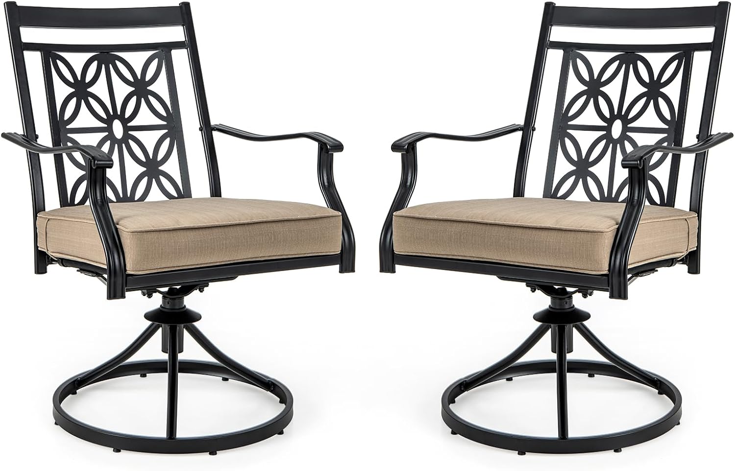 Sedie Girevoli per Giardino, Set di 2 Sedie da Esterno con Telaio in Metallo Resistente, Cuscino Morbido, Schienale a Motivo Floreale, Sedia Girevole per Giardino e Balcone
