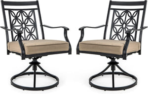 Sedie Girevoli per Giardino, Set di 2 Sedie da Esterno con Telaio in Metallo Resistente, Cuscino Morbido, Schienale a Motivo Floreale, Sedia Girevole per Giardino e Balcone