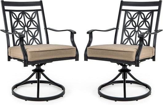 Sedie Girevoli per Giardino, Set di 2 Sedie da Esterno con Telaio in Metallo Resistente, Cuscino Morbido, Schienale a Motivo Floreale, Sedia Girevole per Giardino e Balcone