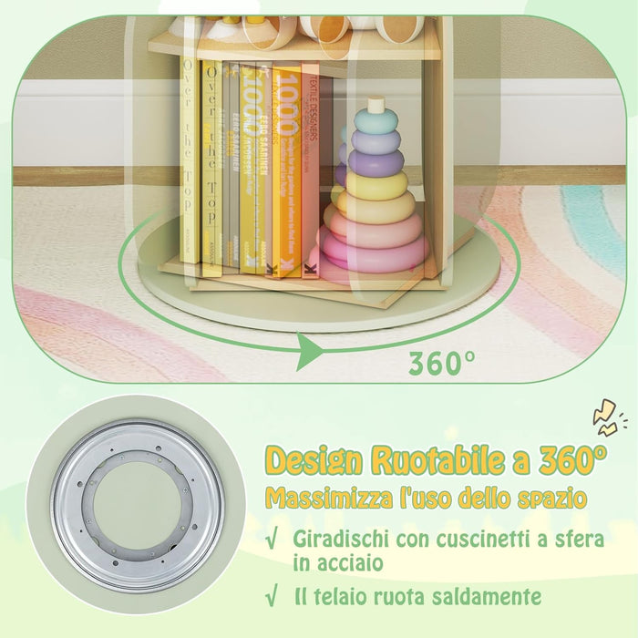 Scaffale Rotante per Bambini, Organizzatore per Giocattoli a 5 Ripiani, Mensola Girevole a 360° per Angolo, Scaffale da Terra per Camera dei Bambini Sala Giochi Asilo, 47,5x47,5x96 cm