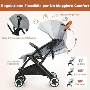 Passeggino Pighevole per Bmabini, Passeggino con Schienale e Poggiapiedi Regolabili, Passeggino Leggero Portata 15 kg, con Cappottina e Zanzariera, per Bambini 0-3 Anni (Grigio)