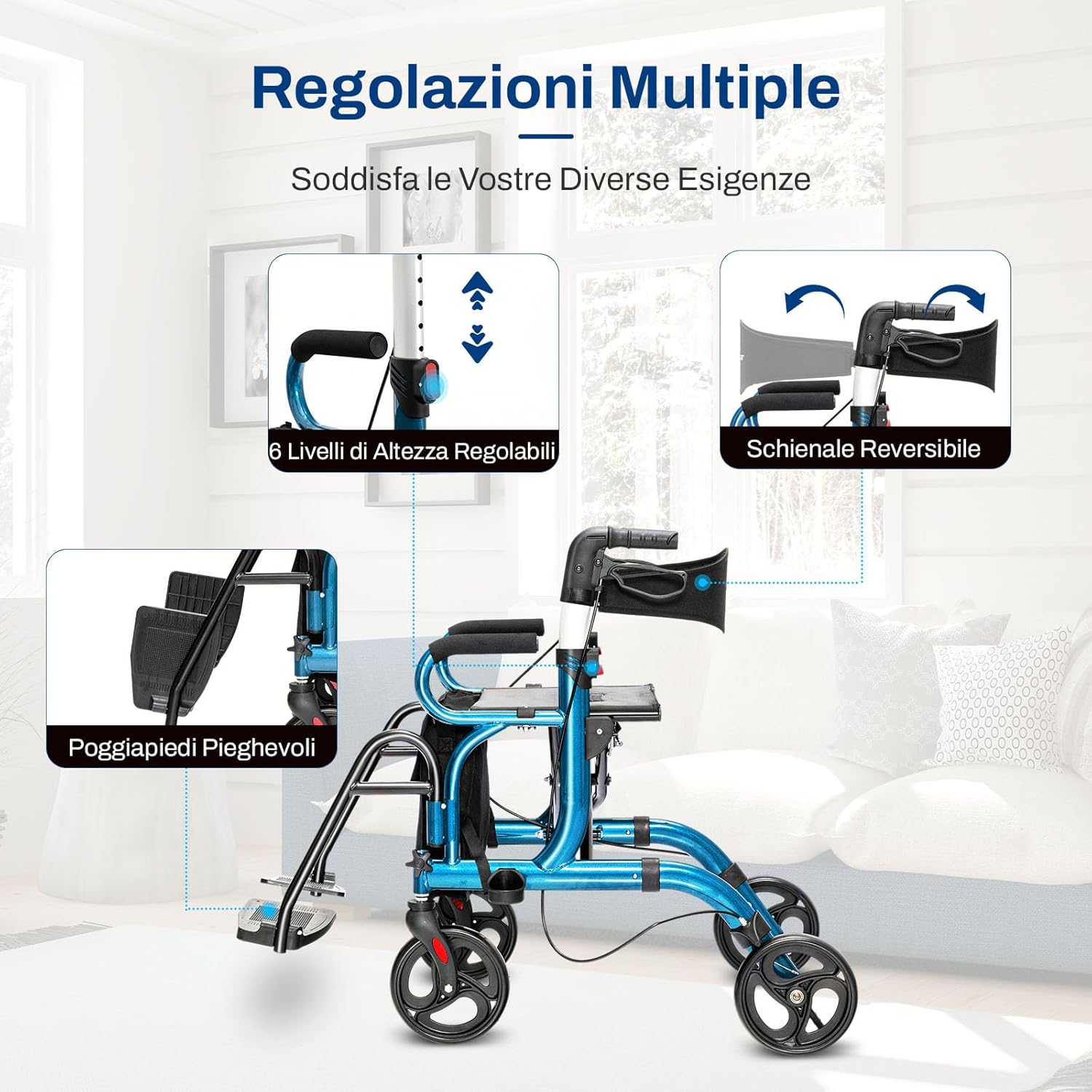Deambulatore 2 in 1 per Anziani in Alluminio, Rollator Pieghevole e Regolabile in Altezza con Sedia, Schienale Reversibile, Manici Regolabili, Ruote, Poggiapiedi e Borsa Rimovibile (Blu)