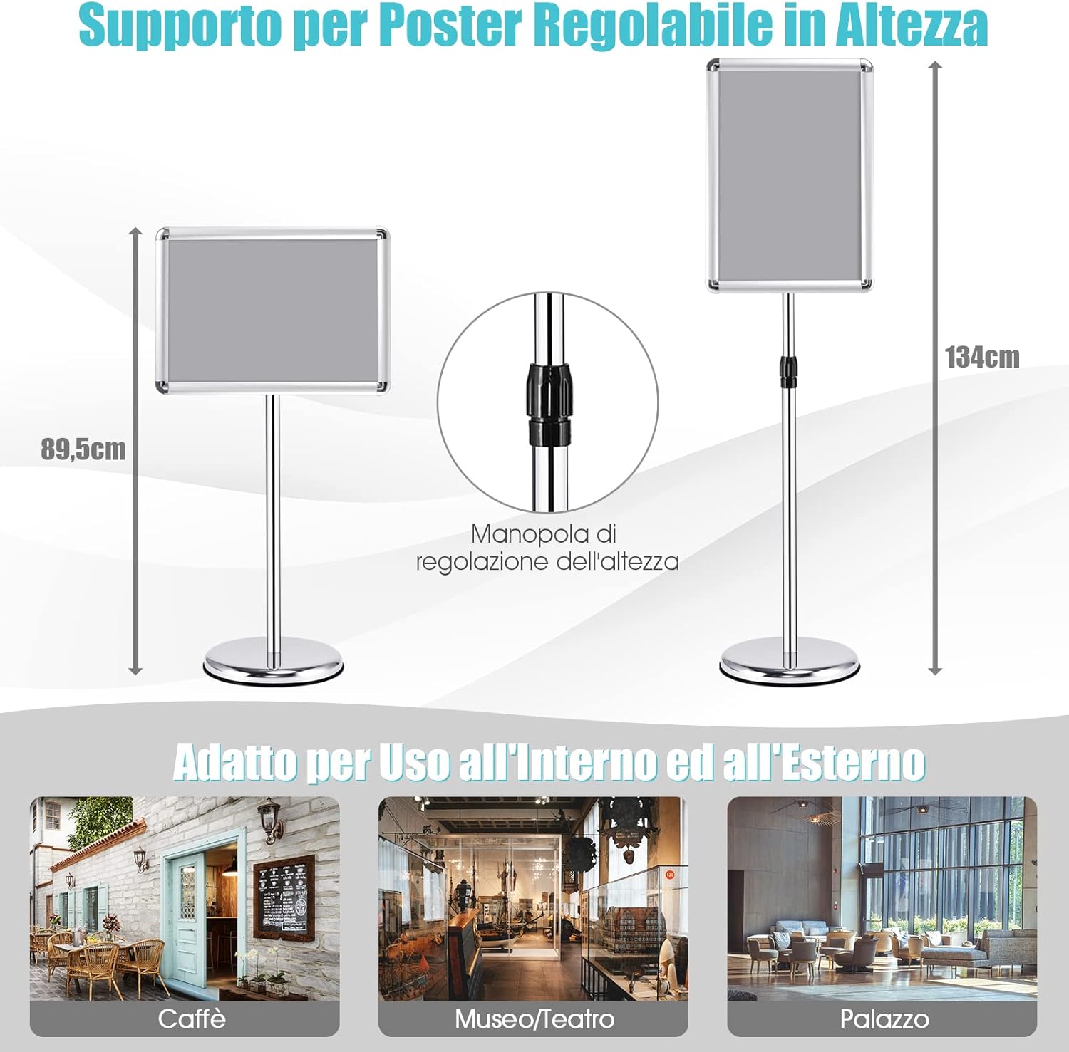 Set 2 Pezzi Supporto Poster Menù Stand per Pubblicità da Terra in Metallo, Girevole e Regolabile in Altezza, A4 / A3 (A3 Argento x 2)