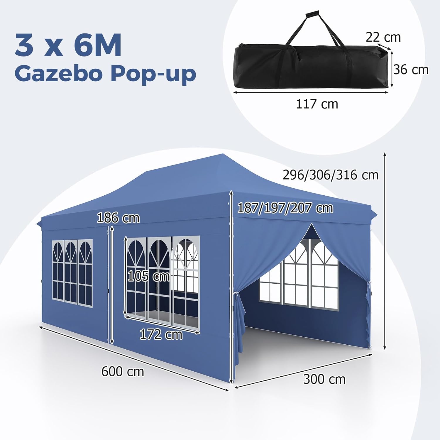 Gazebo da Giardino 3 x 6 m, Tendone per Feste con 6 Pannelli Laterali Rimovibili, con Borsa da Trasporto, Design Pop-up, per Matrimonio Eventi e Barbecue (Blu)