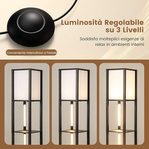 Lampada da Terra Moderna con Scaffali, Lampada a Mensola in Legno con 3 Strisce LED, Paralume, Luminosità Regolabile e Interruttore a Pedale, Scaffale Autoportante con Luce