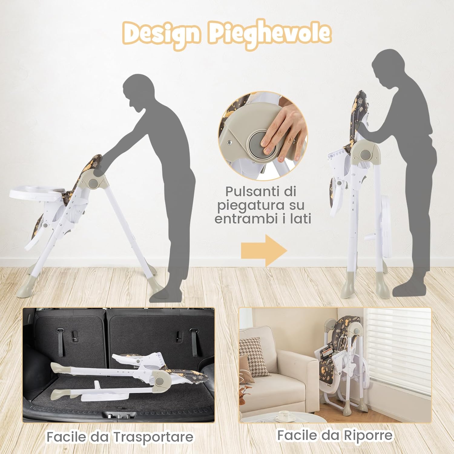 Seggiolone Pappa Pieghevole per Bambini, Seggiolone Portabile con Schienale e Altezza Regolabili, con Ruote, per Bambini 6-36 Mesi, Grigio (Marrone)