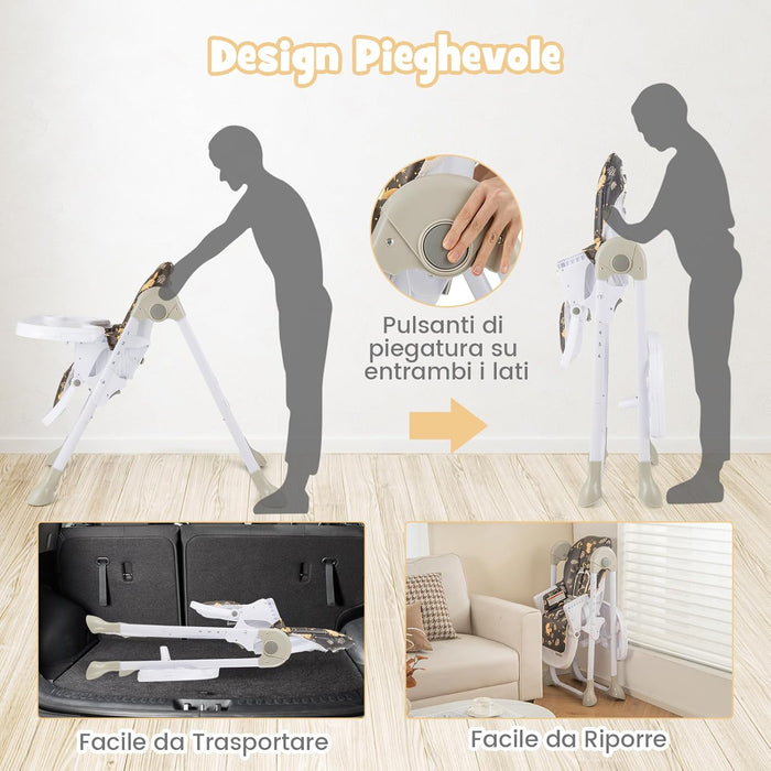 Seggiolone Pappa Pieghevole per Bambini, Seggiolone Portabile con Schienale e Altezza Regolabili, con Ruote, per Bambini 6-36 Mesi, Grigio (Marrone)
