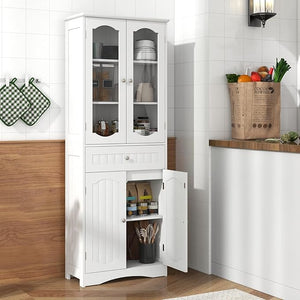 Armadietto Salvaspazio 60 x 30 x 160cm, Mobile Bagno con 2 Ripiani Regolabili, Cassetto e 2 Porte in Vetro Temprato, Armadio da Bagno per Ufficio, Soggiorno e Camera da Letto, Bianco