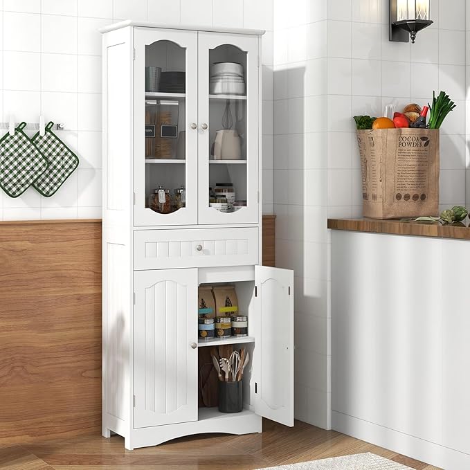 Armadietto Salvaspazio 60 x 30 x 160cm, Mobile Bagno con 2 Ripiani Regolabili, Cassetto e 2 Porte in Vetro Temprato, Armadio da Bagno per Ufficio, Soggiorno e Camera da Letto, Bianco