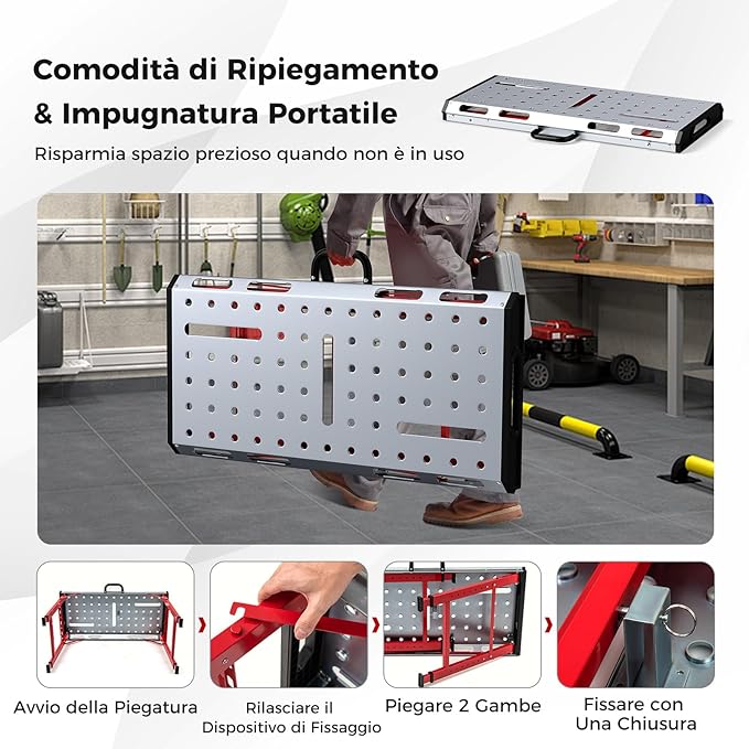 Tavolo da Lavoro Pieghevole, Banco da Lavoro Portatile con Altezza Regolabile a 7 Livelli e 2 Staffe da Saldatura, Capacità di Carico 450 KG (Modello 2)