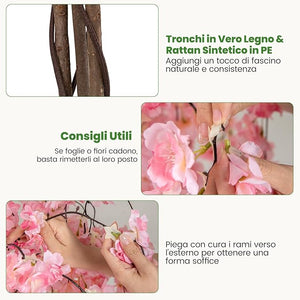 Albero di Ciliegio Artificiale 163 CM, Pianta Finta da Interno con Vaso in PP Riempito con Cemento, Fiori in Tessuto, Decorazione per Ufficio, Casa e Veranda (Rosa)