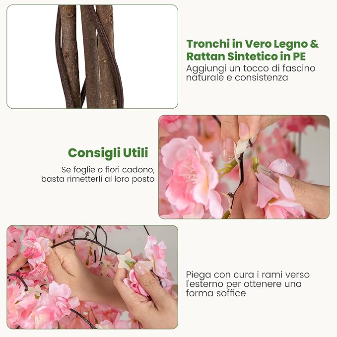 Albero di Ciliegio Artificiale 163 CM, Pianta Finta da Interno con Vaso in PP Riempito con Cemento, Fiori in Tessuto, Decorazione per Ufficio, Casa e Veranda (Rosa)
