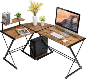 Scrivania Angolare di Metallo e Legno, Scrivania per Computer con Alzata per Monitor e Ripiano, Scrivania Moderna e Salvaspazio per Casa e Ufficio, Brown