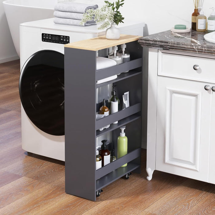 Carrello da Cucina a 4 Ripiani, Carrello in Legno con 4 Ruote Universali, Carrello Scaffale Stretto Salvaspazio con Manico per Bagno, Ufficio e Officina, 47,5 x 20 x 80,5 cm (Grigio)