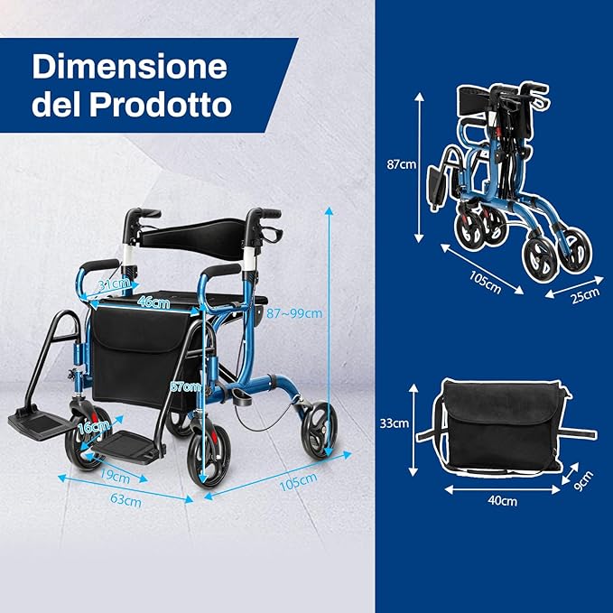 Deambulatore 2 in 1 per Anziani in Alluminio, Rollator Pieghevole e Regolabile in Altezza con Sedia, Schienale Reversibile, Manici Regolabili, Ruote, Poggiapiedi e Borsa Rimovibile (Blu)