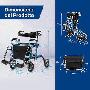 Deambulatore 2 in 1 per Anziani in Alluminio, Rollator Pieghevole e Regolabile in Altezza con Sedia, Schienale Reversibile, Manici Regolabili, Ruote, Poggiapiedi e Borsa Rimovibile (Blu)