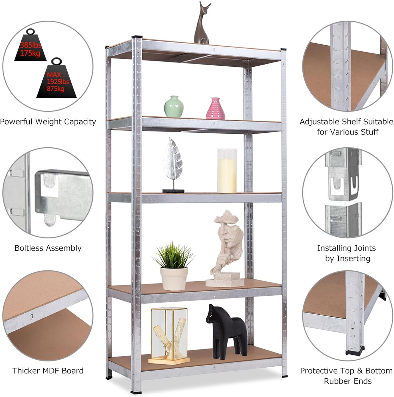 Scaffale per Garage, Scaffalatura a 5 Ripiani, Capacità 175kg Ogni Ripiano, Struttura Acciaio Resistente, 180x90x40cm