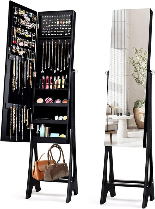 Specchio Portagioie, Armadio Regolabile per Gioie con Specchio Senza Cornice e 12 Luci a LED per Camera da Letto, Specchiera Portagioe per Trucco da Terra, 36x33,5x154,5 cm (Nero)
