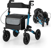 Deambulatore Pieghevole per Anziani in Alluminio, Rollator Regolabile in Altezza con Seduta, Schienale e Freni, Girello per Anziani con Borsetta, Carico Massimo 140 kg (Blu)