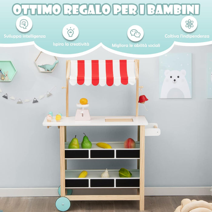 Carretto dei Gelati in Legno per Bambini, con 6 Gelati Giocattolo, Bilancia a Forma di A, Campanello Funzionante, Gelateria per Bambini + 3 Anni, 79 x 29 x 100 cm (Rosso)