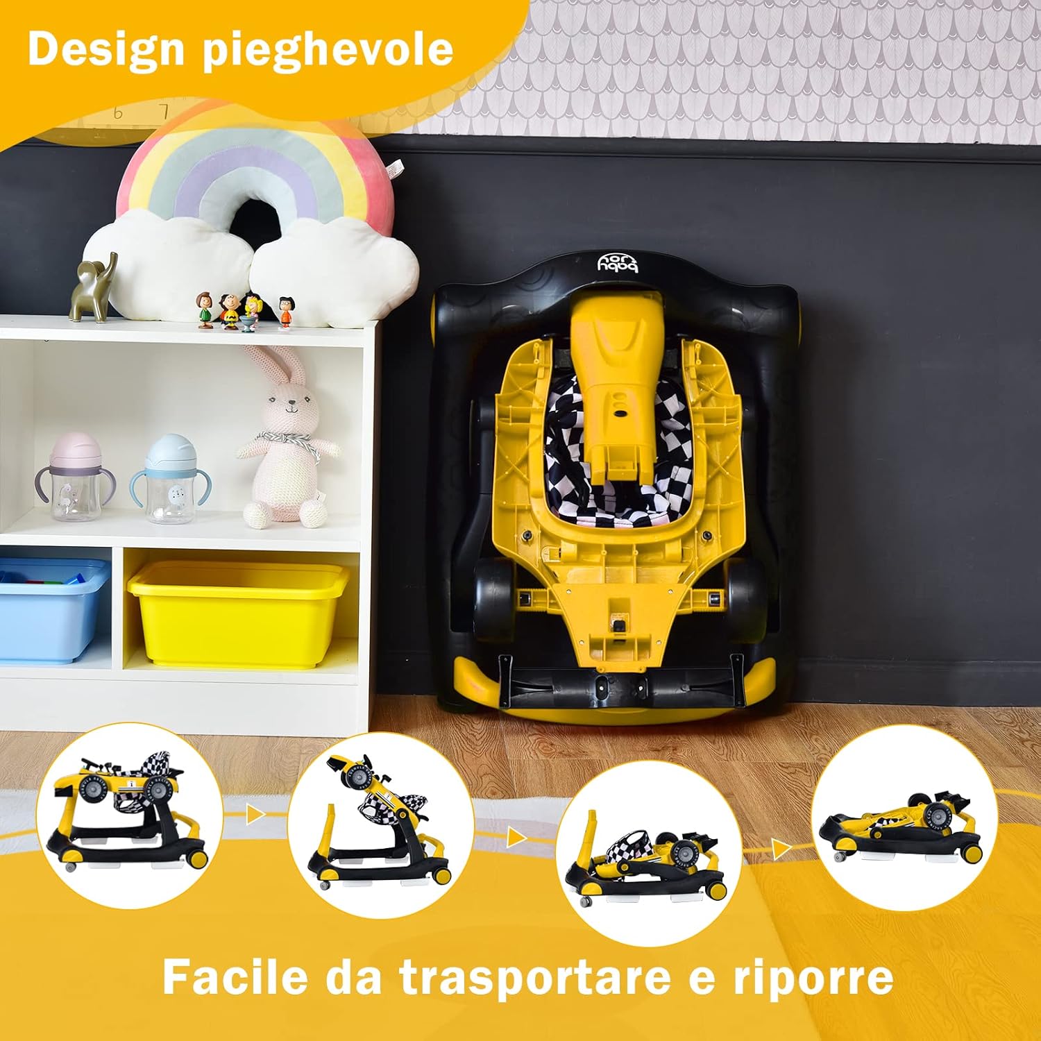 Girello per Bambini 4 in 1, Girello Pieghevole con Altezza e Velocità Regolabili, Carillon con Luci, Volante, Primi Passi per Bambini 6-18 Mesi, Portata 15 kg (Giallo)