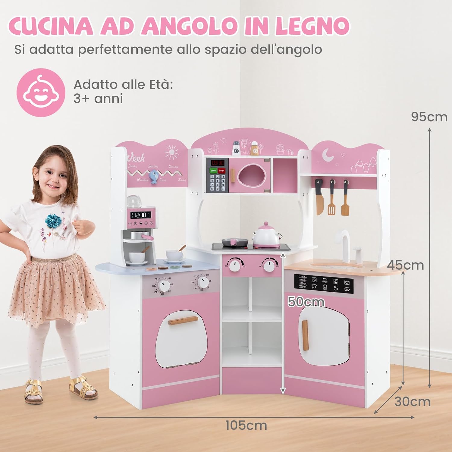 Cucina Giocattolo Angolare con Fornelli e Micronde da Suoni e Luci, Cucina per Bambini in Legno con Macchina Caffè, Lavandelo, Forno e Lavatrice, Set Cucina con Accessori (Rosa)
