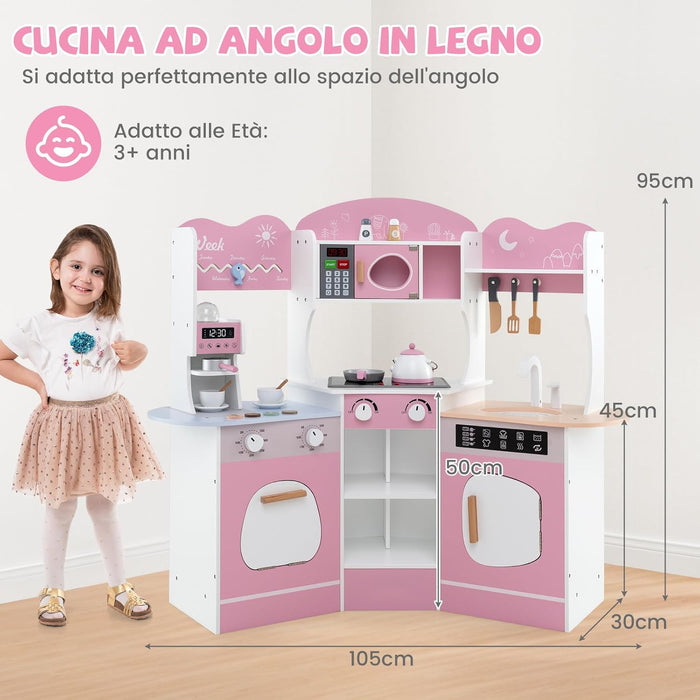 Cucina Giocattolo Angolare con Fornelli e Micronde da Suoni e Luci, Cucina per Bambini in Legno con Macchina Caffè, Lavandelo, Forno e Lavatrice, Set Cucina con Accessori (Rosa)