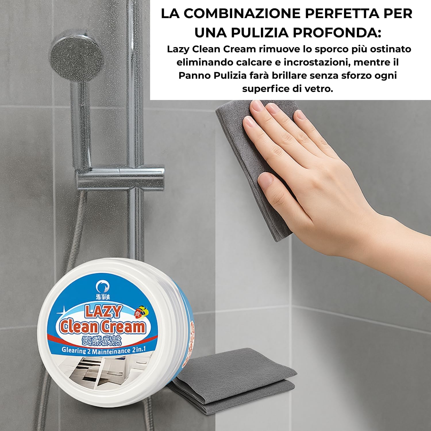 Pasta Pulente Multiuso 400g, con Spugna + Panno Magico Microfibra, Anticalcare Doccia, Azione Antigoccia, Brilla Acciaio, Vetri e Superfici, Detergente Universale Biodegradabile.