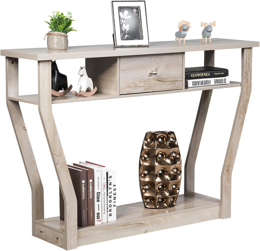Tavolo Consolle in Legno, Consolle con Cassetto e Ripiani, Tavolo d'Ingresso Multiuso per Salotto, Corridoio e Entrata 120 x 30 x 81 cm (Grigio)