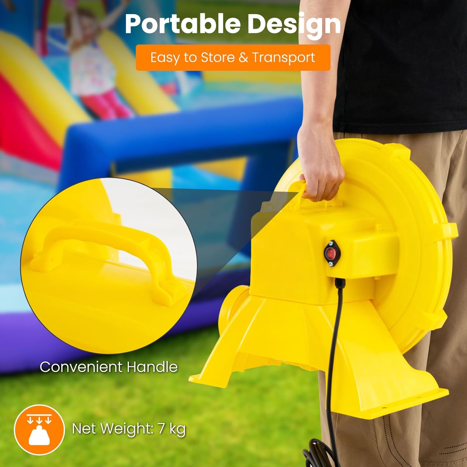 Ventilatore di Aria del Castello Gonfiabile, Soffiatore per Giochi Gonfiabili con Cavo di Alimentazione, Picchetti da Terreno, per Castello Gonfiabile, Scivolo Acquatico (750W)