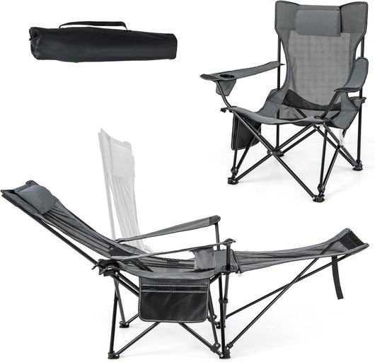 Sedia da Campeggio con Poggiapiedi Rimovibile, Sedie a Sdraio con Schienale Regolabile, Sedia Pieghevole con Borsa Portaoggetti, per Pesca, Campeggio, Picnic(Grigio)