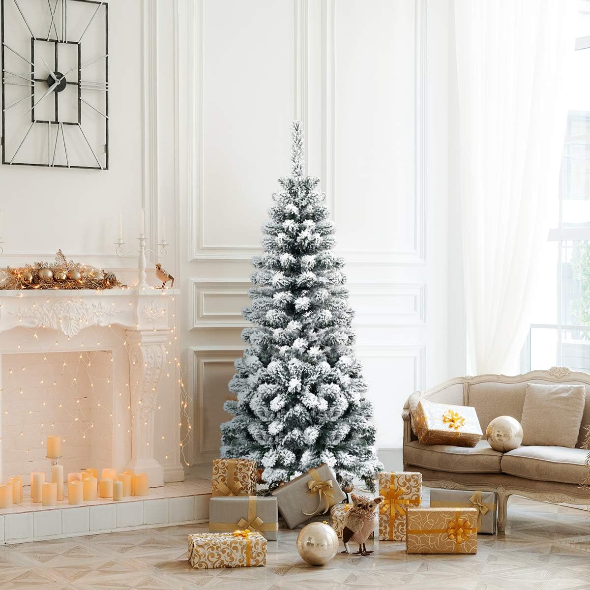 Albero di Natale Innevato 140/180/225 cm, Albero di Natale Artificiale Slim con 242/500/641 Rami Realistici e Folti e Base Pieghevole di Metallo, Apertura a Ombrello (140 cm)