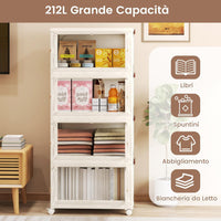 Scatole Immagazzinaggio Impilabili e Pieghevole con Ruote, Armadietto a 4 Ripiani con Ante e Coperchio, Contenitore Trasparente per Camera da Letto e Soggiorno, Bianco (59,5 x 35,5 x 130,5 cm)