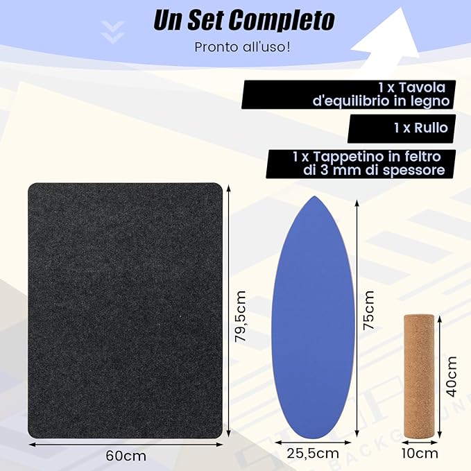 Balance Board in Legno, Tavola di Equilibrio con Rullo e Tappetino per Allenamento Skateboard Hockey Snowboard Surfing, Attrezzi 3 in 1 per Esercizi Equilibrio e Tonificazione Core