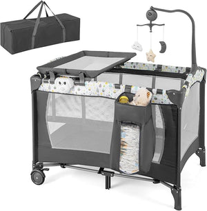 4 in 1 Lettino da Campeggio per Bambini, Lettino Pieghevole con Materasso, Box Bambini Portatile con Borsa, Culla Lettino con Fasciatoio, Ruote, Portata 15 kg, 102 x 72 x 74 cm (Grigio+Beige)