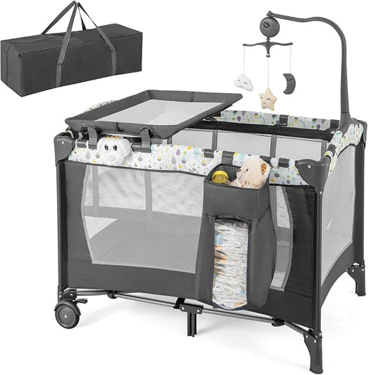 4 in 1 Lettino da Campeggio per Bambini, Lettino Pieghevole con Materasso, Box Bambini Portatile con Borsa, Culla Lettino con Fasciatoio, Ruote, Portata 15 kg, 102 x 72 x 74 cm (Grigio+Beige)