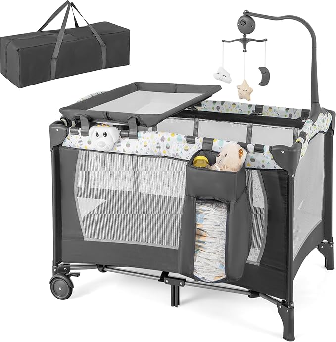 4 in 1 Lettino da Campeggio per Bambini, Lettino Pieghevole con Materasso, Box Bambini Portatile con Borsa, Culla Lettino con Fasciatoio, Ruote, Portata 15 kg, 102 x 72 x 74 cm (Grigio+Beige)