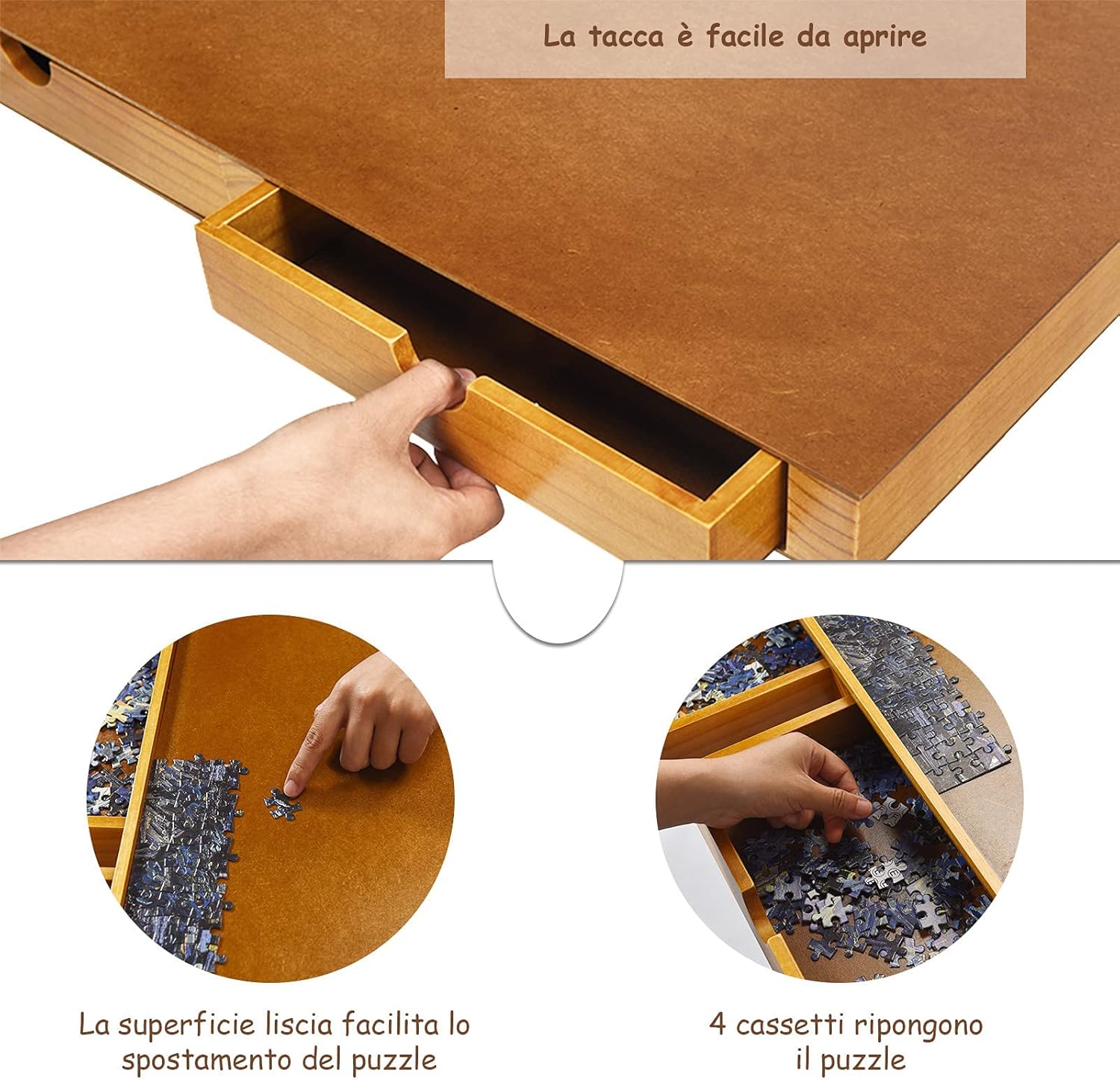Tavolo da Puzzle, con 4 Cassetti e Vassoio Scorrevole per Puzzle, per Bambini e Adulti, di Legno, 65x80x6,55 cm