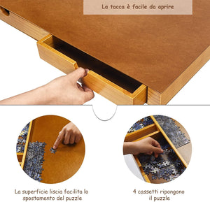 Tavolo da Puzzle, con 4 Cassetti e Vassoio Scorrevole per Puzzle, per Bambini e Adulti, di Legno, 65x80x6,55 cm