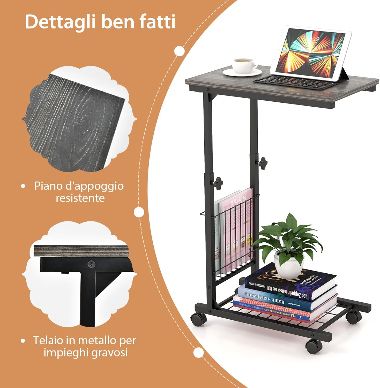 Tavolino da Salotto Moderno, Tavolino Basso Regolabile in Altezza con Ruote e Cestino Portaoggetti, Tavolino Porta PC a Forma di C da Divano e Letto per Soggiorno e Camera da Letto (Grigio)