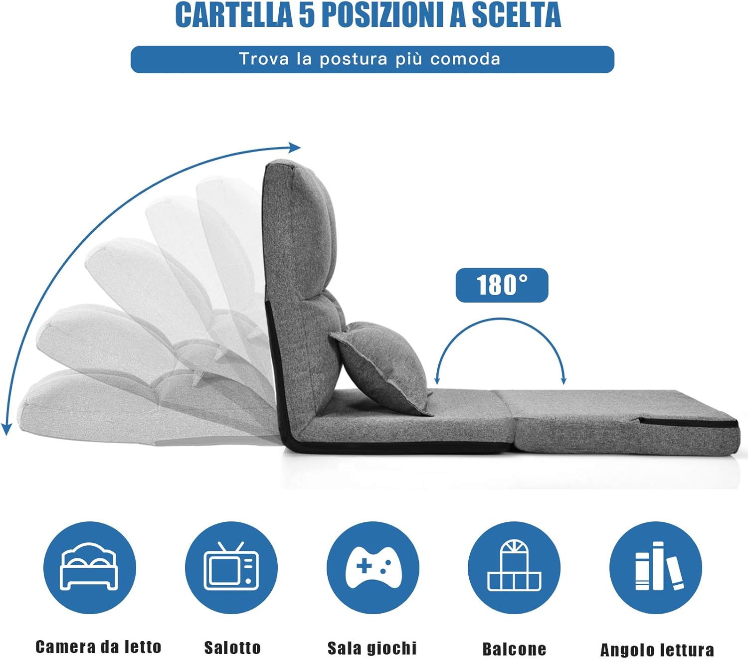 Sedia Pieghevole da Pavimento Portatile, 5 Angoli Regolabile, Cuscino da Seduta con Cuscino per la Schiena, Ideale per Soggiorno Camera da Letto (Grigio)