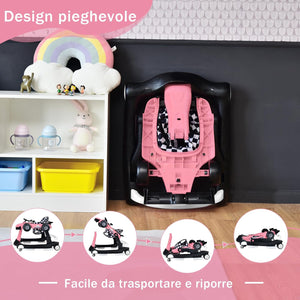 Girello per Bambini 4 in 1, Girello Pieghevole con Altezza e Velocità Regolabili, Carillon con Luci, Volante, Primi Passi per Bambini 6-18 Mesi, Portata 15 kg (Rosa)