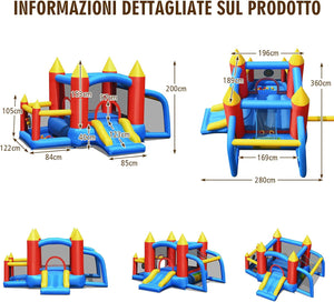 Castello Gonfiabile per Bambini, con Scivolo, 60 Palline, Borsa di Trasporto e Kit di Riparazione, per 4 Bambini 3-10 Anni, Soffiatore Incluso, Regalo Perfetto per Bambini