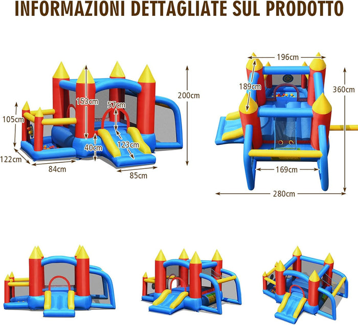 Castello Gonfiabile per Bambini, con Scivolo, 60 Palline, Borsa di Trasporto e Kit di Riparazione, per 4 Bambini 3-10 Anni, Soffiatore Incluso, Regalo Perfetto per Bambini