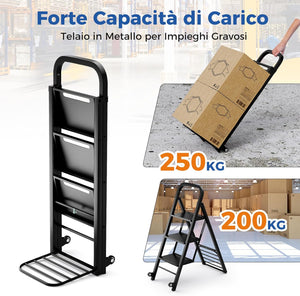 Scala a 3 Gradini Pieghevole con Ruote, 2 in 1 Scala e Carrello a Mano, Carrello a Mano con Ampie Pedane, Carrello Portapacchi a Scala in Metallo, Carico Massimo 250 kg